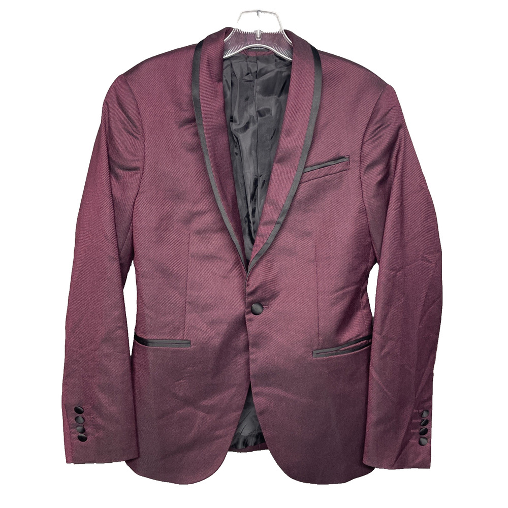 J Ferrar Mens 34S Super Slim Fit Burgundy Tuxedo Blazer Black Shawl Lapel